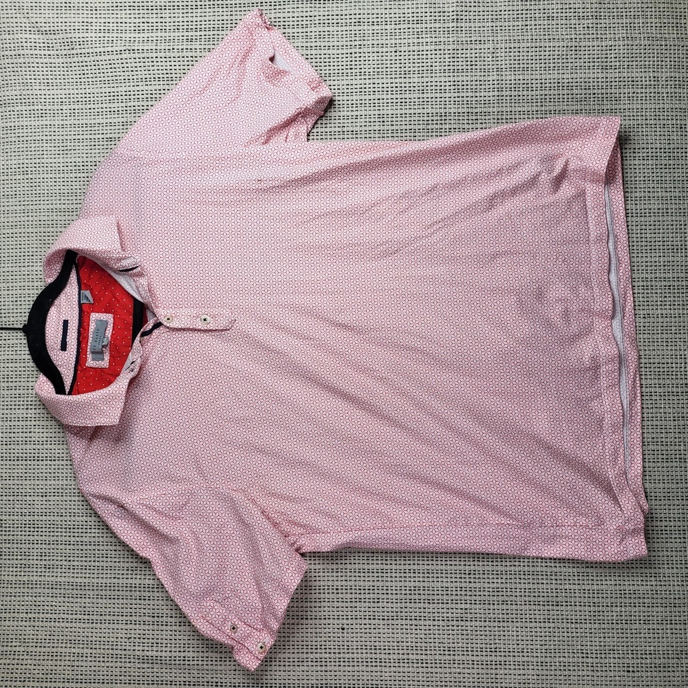 Ted Baker Polo Shirt Mens Large Pink Red Geometric Print Short Sleeve Button‎ Up